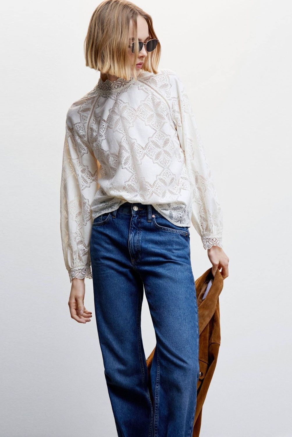 MANGO - Mango Blusa Encaje Manga Abullonada Mujer