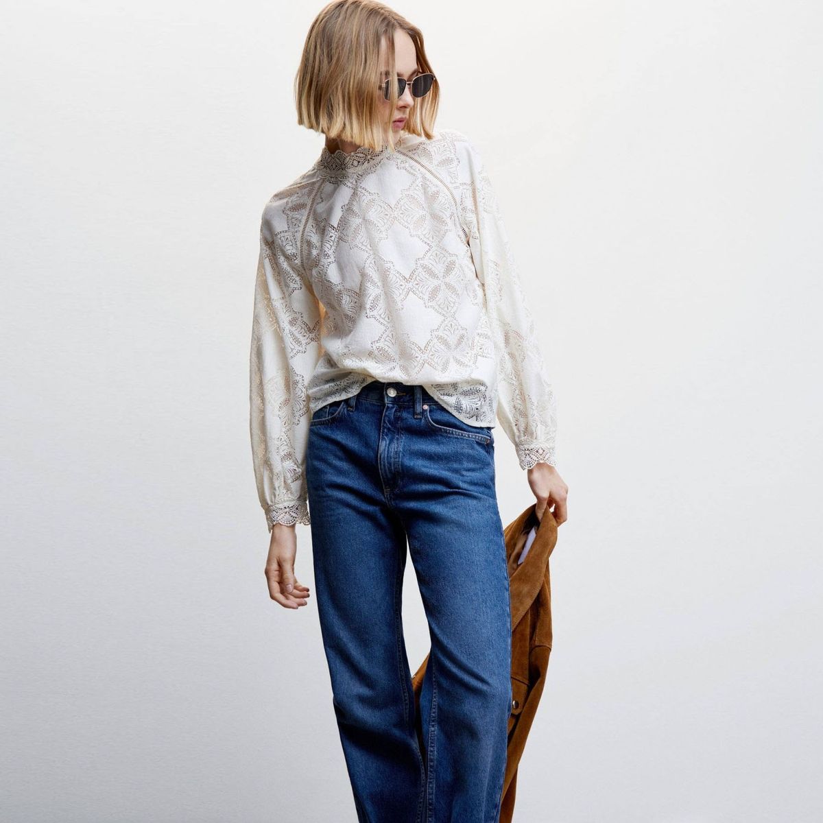 MANGO - Mango Blusa Encaje Manga Abullonada Mujer