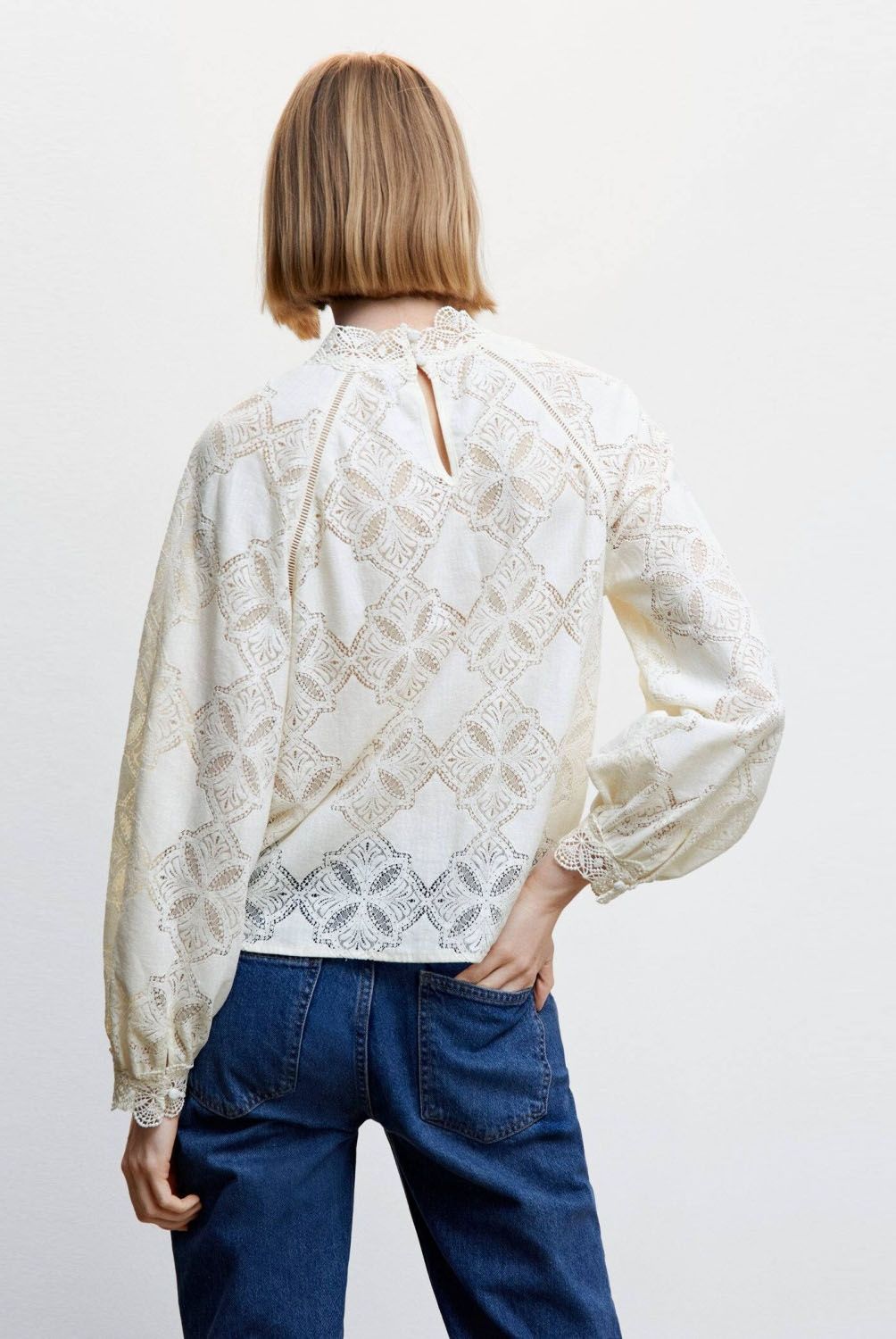 MANGO - Mango Blusa Encaje Manga Abullonada Mujer