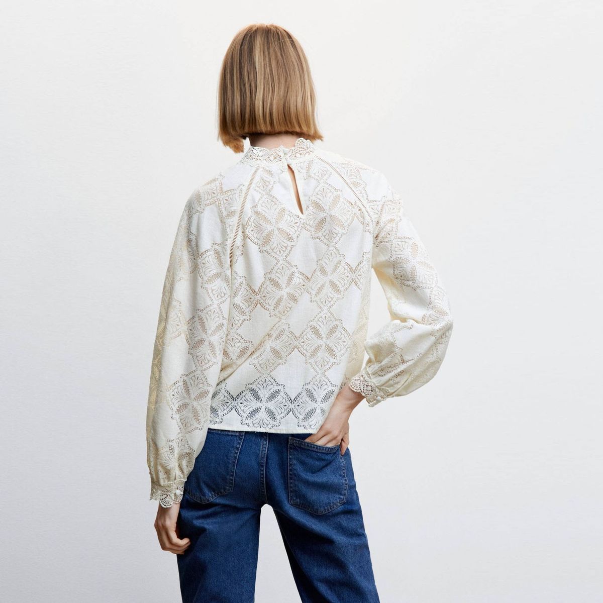 MANGO - Mango Blusa Encaje Manga Abullonada Mujer