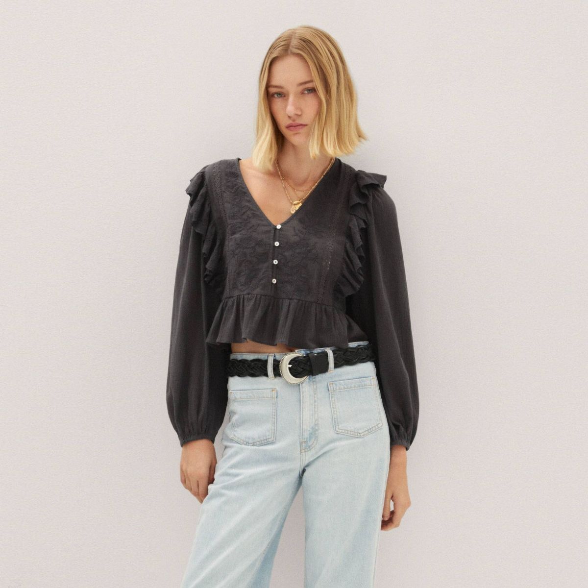 MANGO - Mango Blusa Bordada Manga Abullonada Mujer