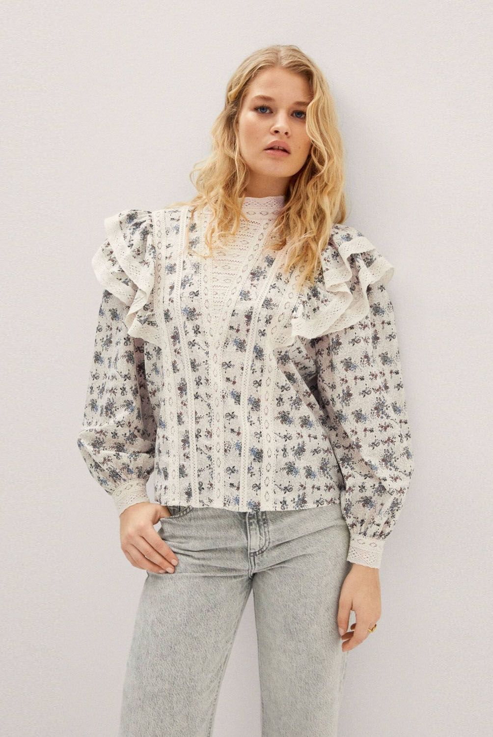 MANGO - Blusa Bordada Volantes Mujer Mango