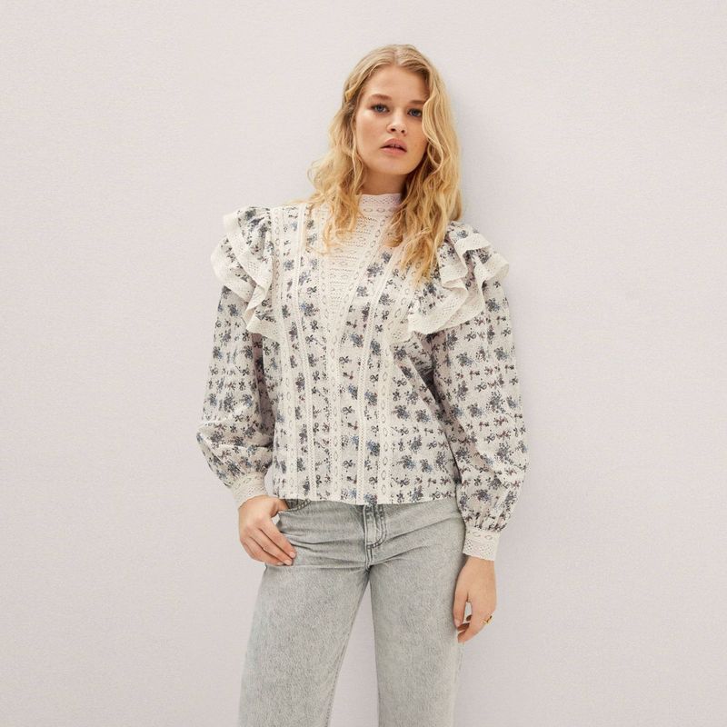 MANGO - Blusa Bordada Volantes Mujer Mango