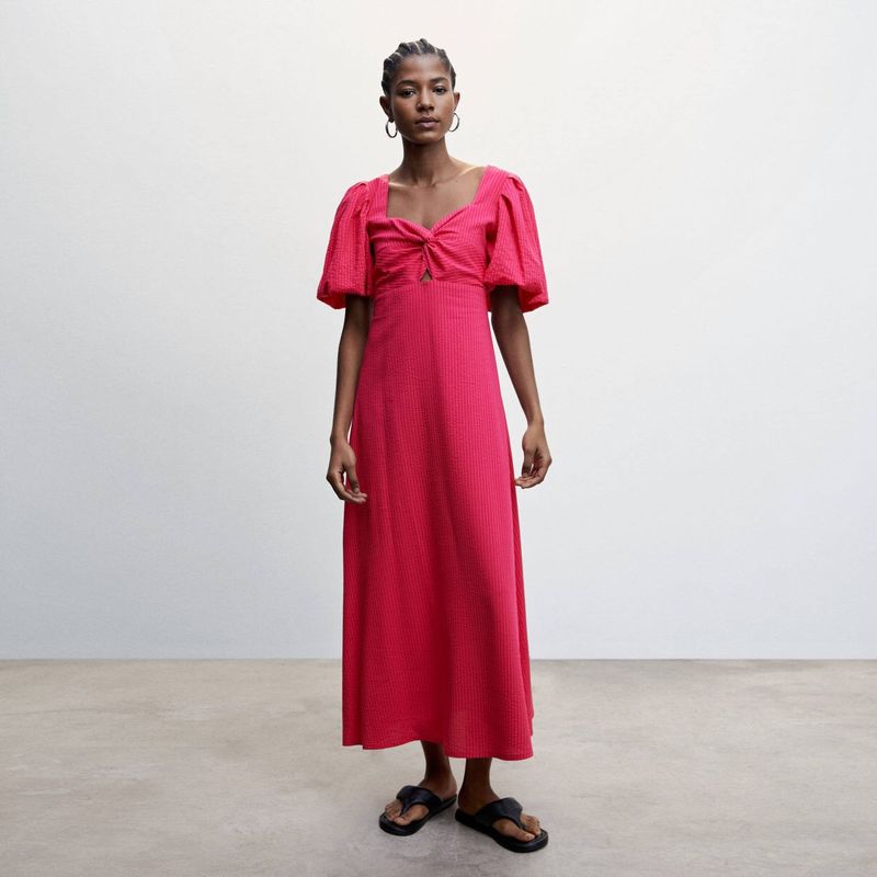 MANGO - Vestido Textura Mangas Abullonadas Mujer Mango