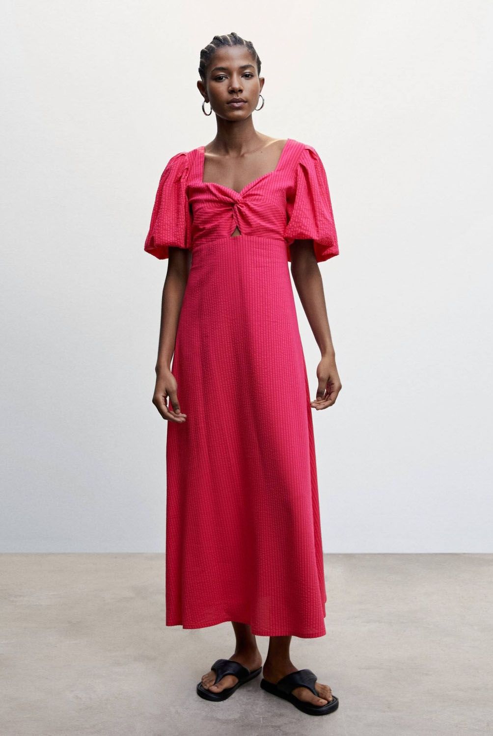 MANGO - Vestido Textura Mangas Abullonadas Mujer Mango