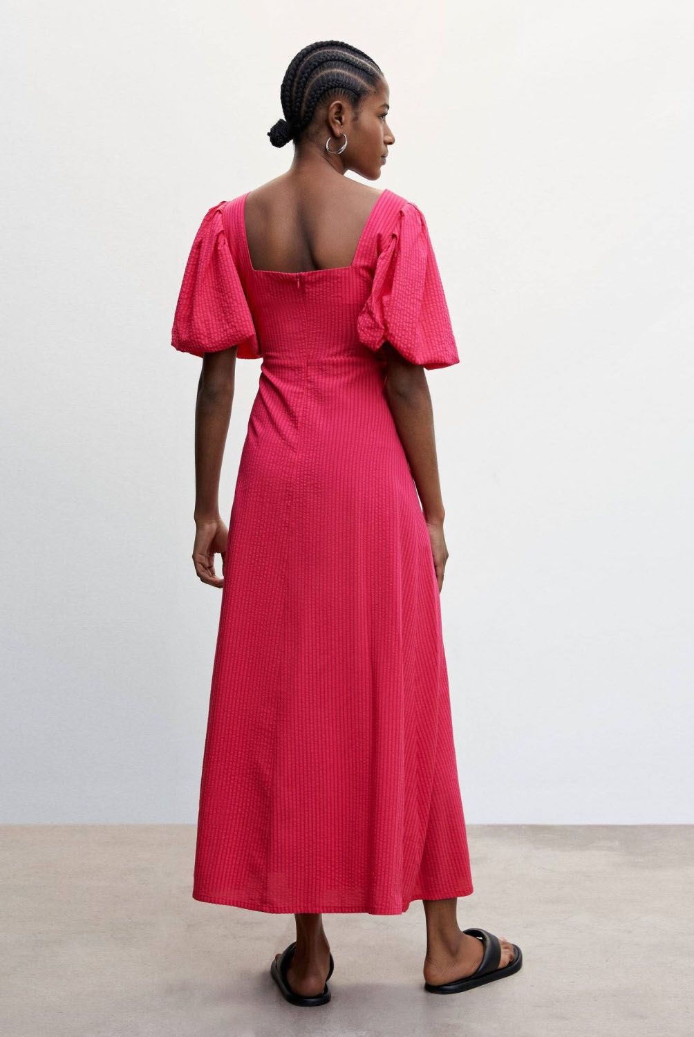 MANGO - Vestido Textura Mangas Abullonadas Mujer Mango