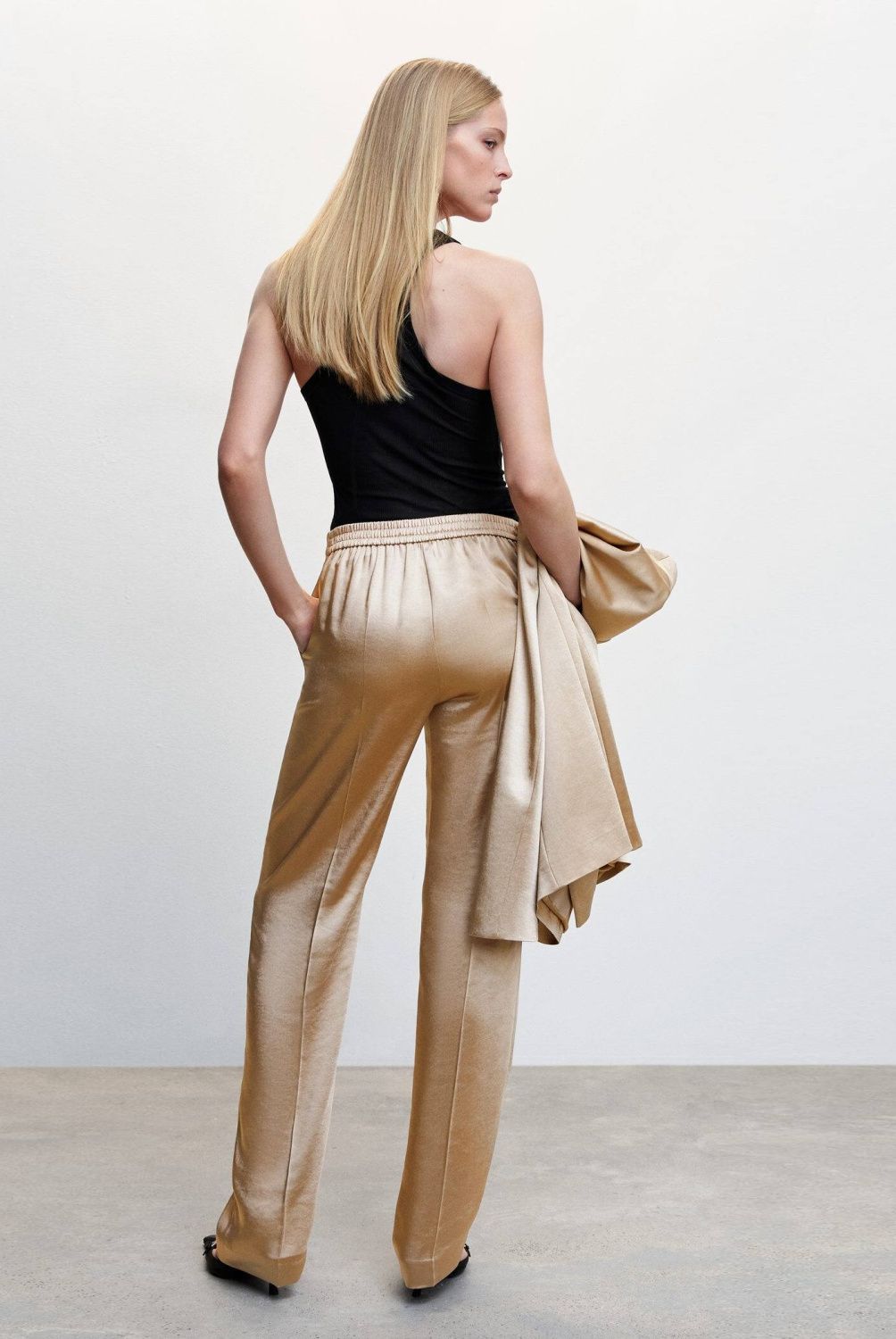 MANGO - Pantalón Satinado Cintura Elástica Mujer Mango