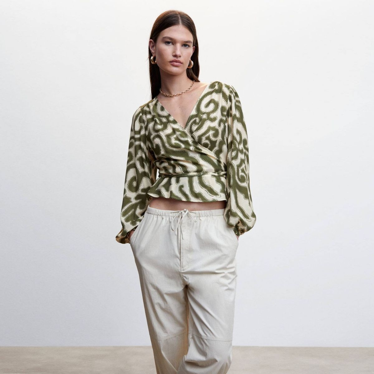 MANGO - Blusa Manga Abullonada Estampada Mujer Mango