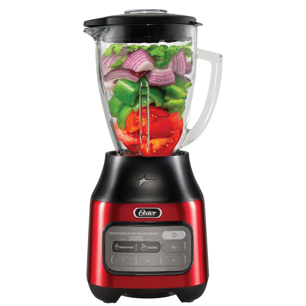 OSTER - Licuadora con Tecnología Reversible BLSTPEG-CRT 2 Programas Automáticos y 3 Velocidades más Pulso 1.5 Lt Vaso de Vidrio Rojo Oster
