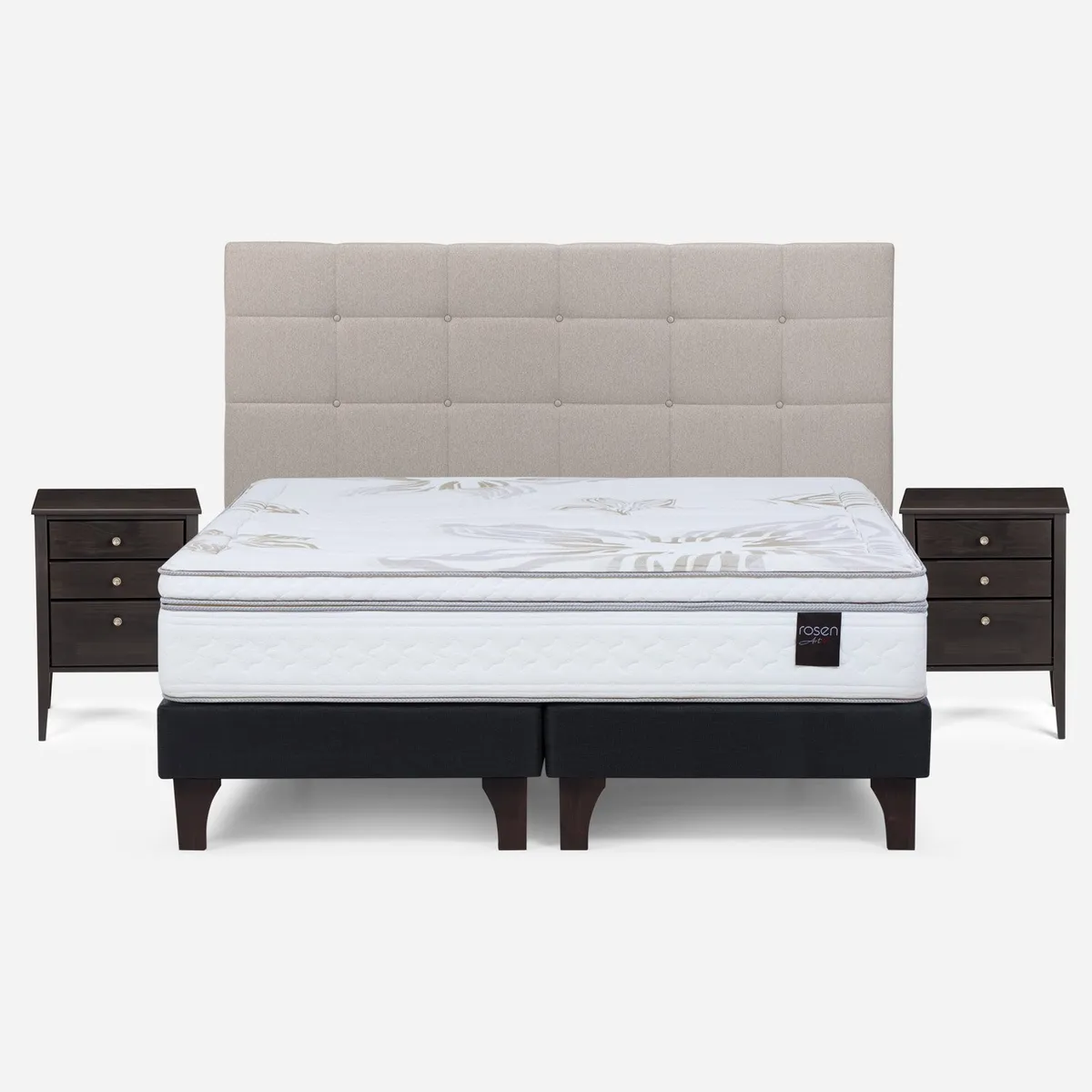 ROSEN - Cama Europea Art 4 King x 2.00mt Base Dividida + Respaldo + 2 Veladores Rosen