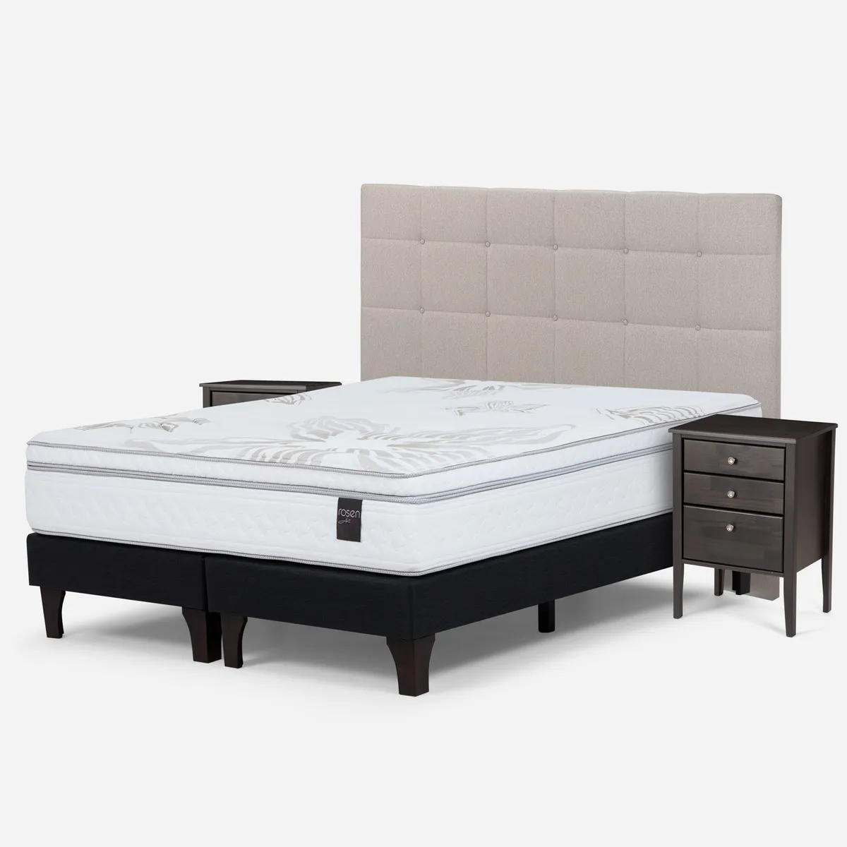 ROSEN - Cama Europea Art 4 King x 2.00mt Base Dividida + Respaldo + 2 Veladores Rosen