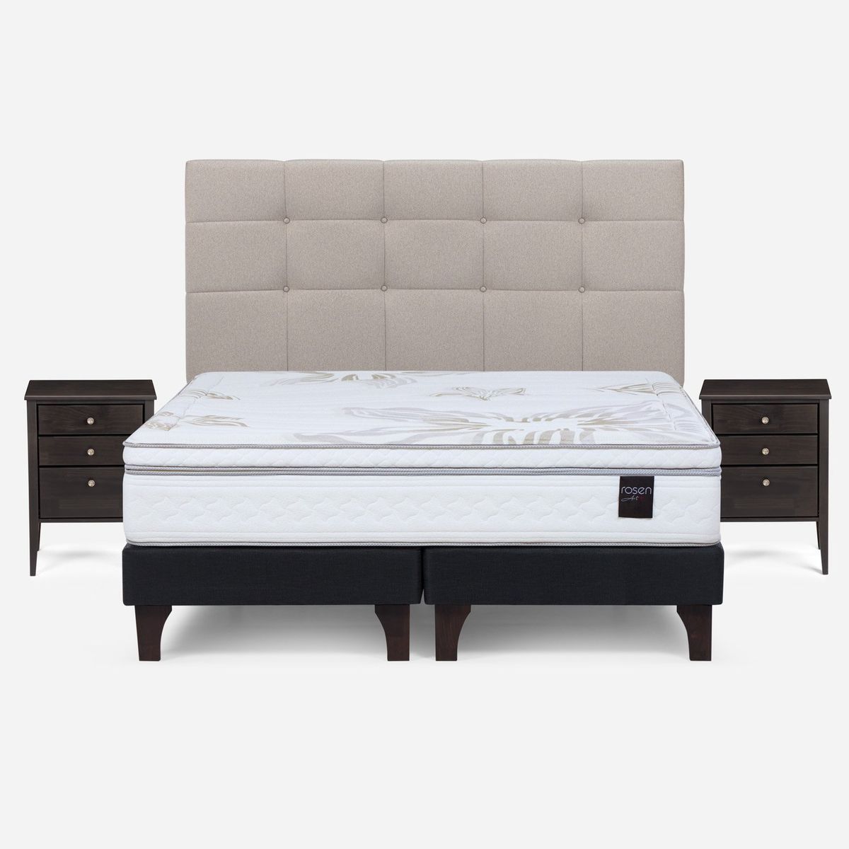ROSEN - Cama Europea Art 4 2 Plazas + Respaldo + 2 Veladores Rosen
