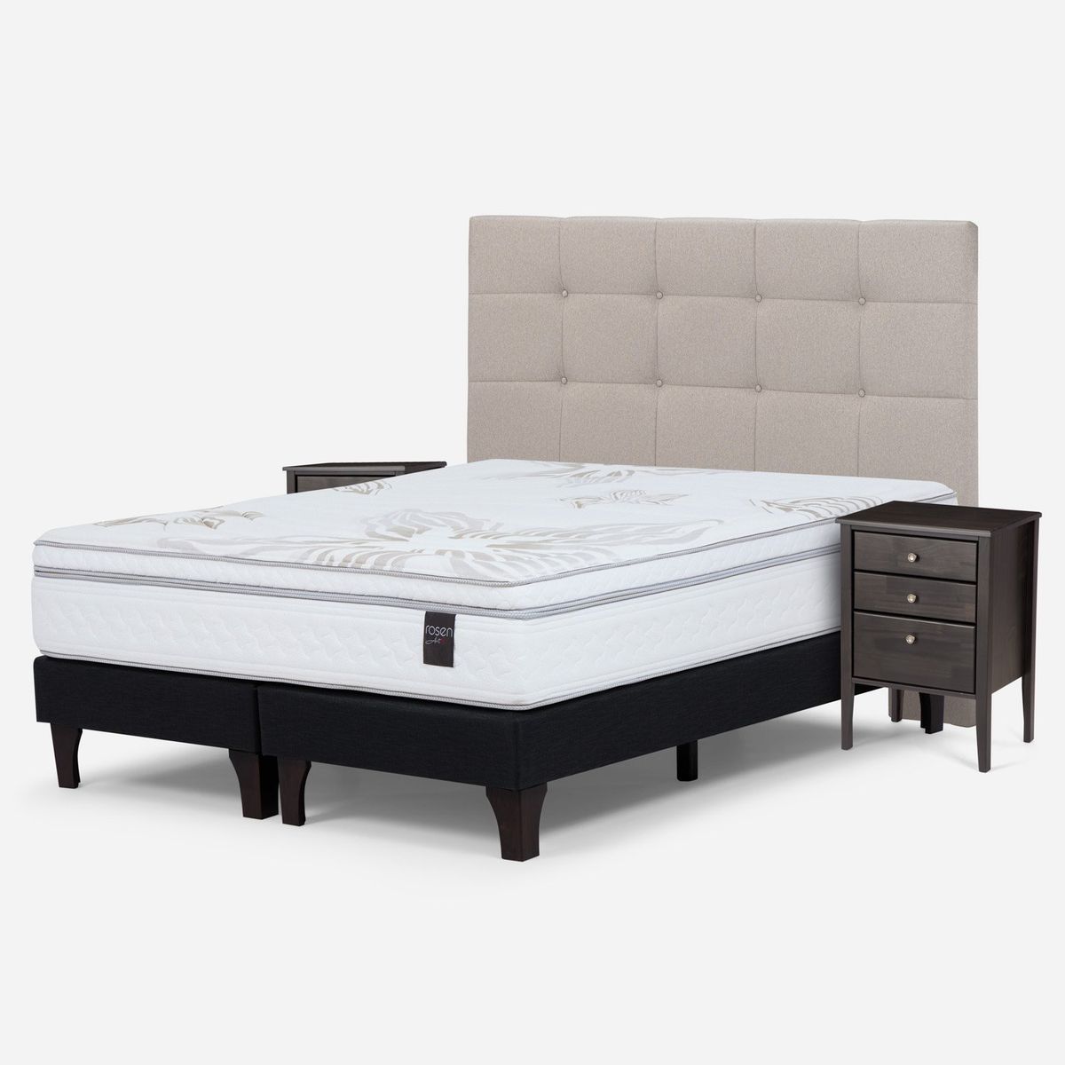 ROSEN - Cama Europea Art 4 2 Plazas + Respaldo + 2 Veladores Rosen