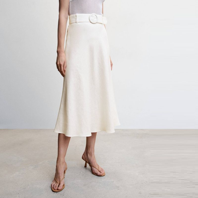 MANGO - Falda Midi Lino Cinturón Mujer Mango