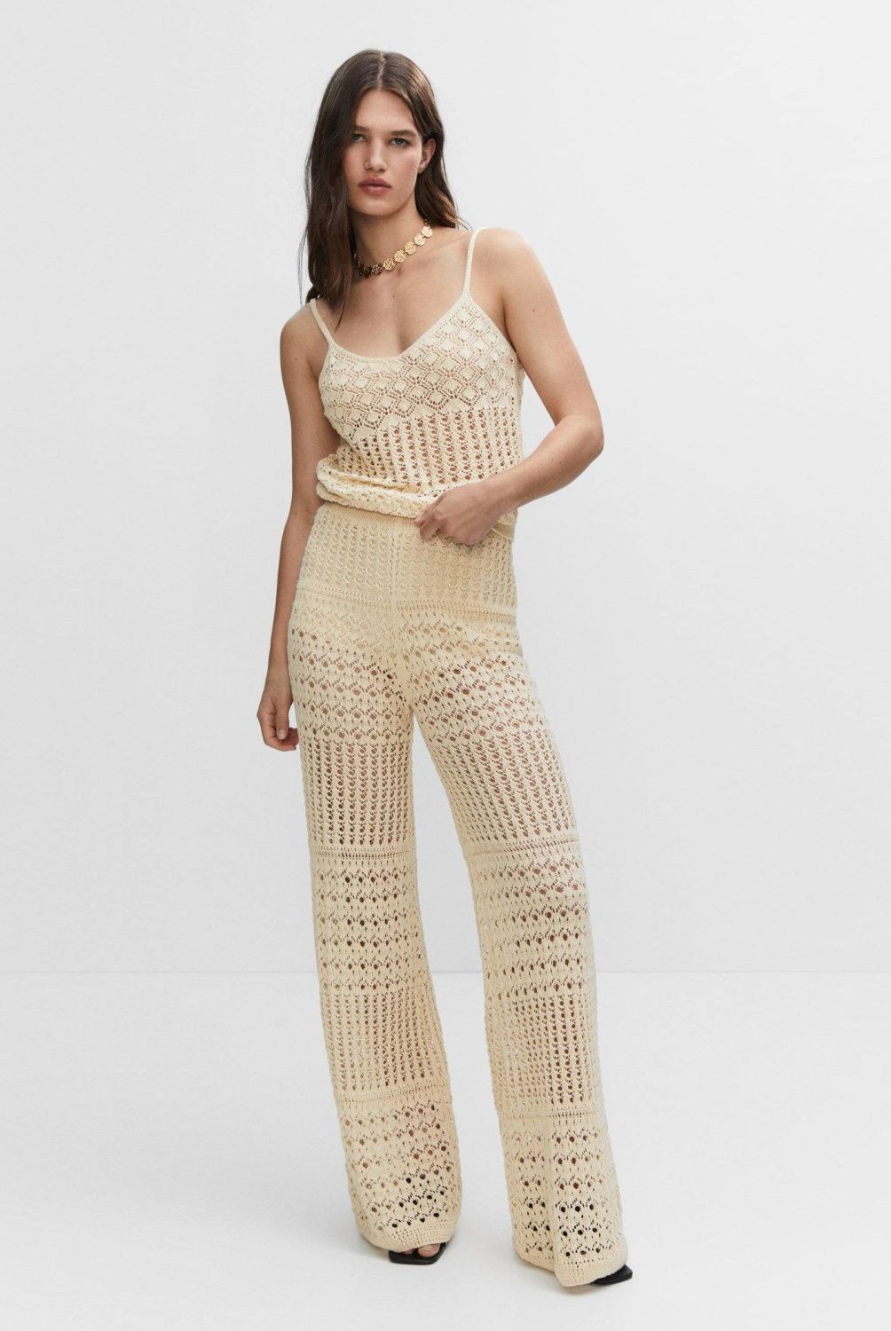 MANGO - Pantalón Palazzo Punto Calado Mujer Mango