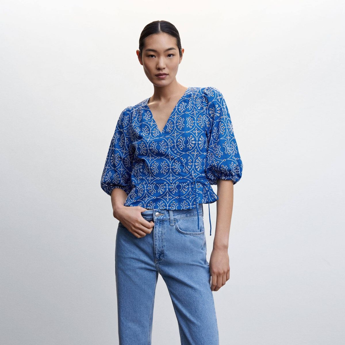 MANGO - Blusa Bordada Manga Abullonada Mujer Mango