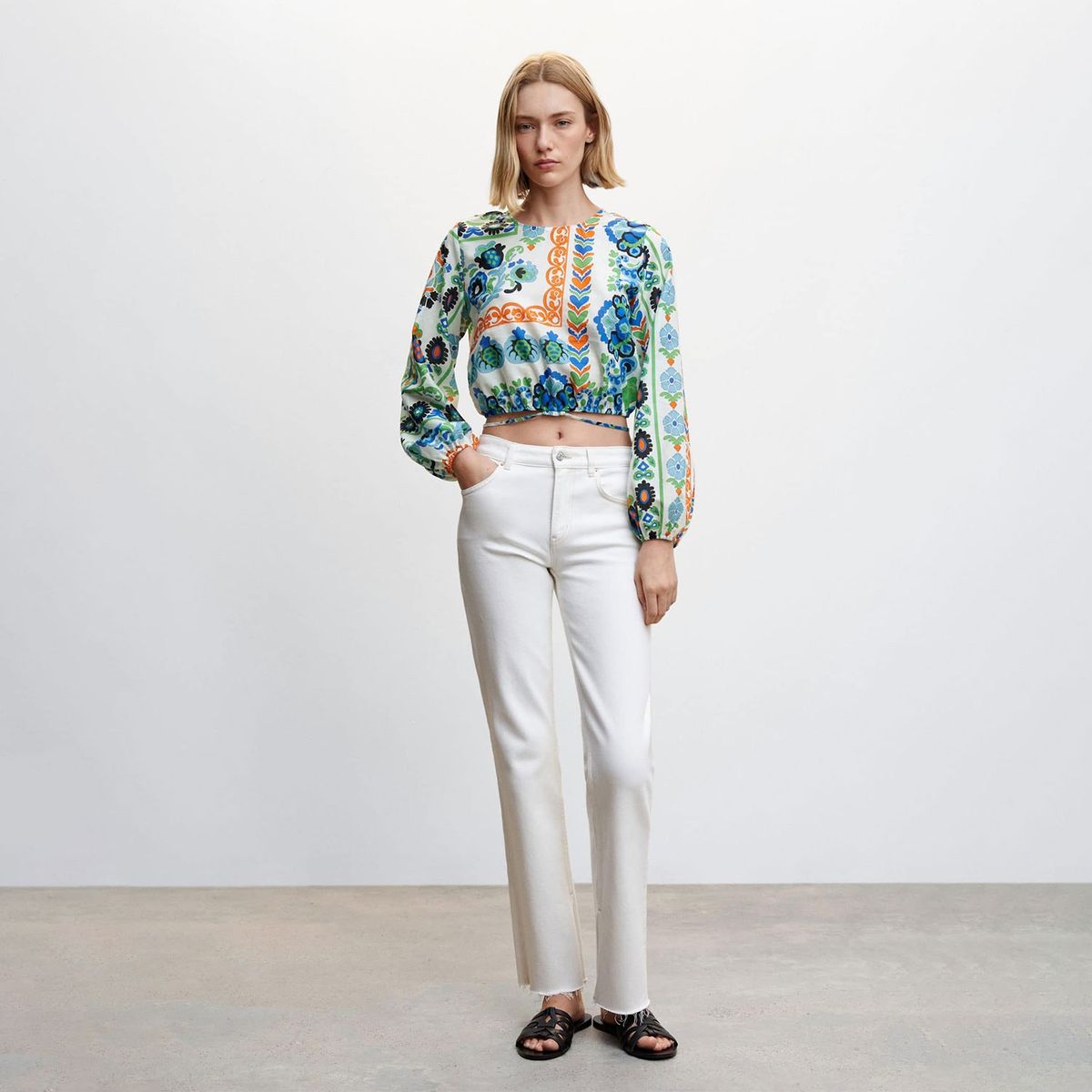 MANGO - Blusa Manga Abullonada Estampada Mujer Mango