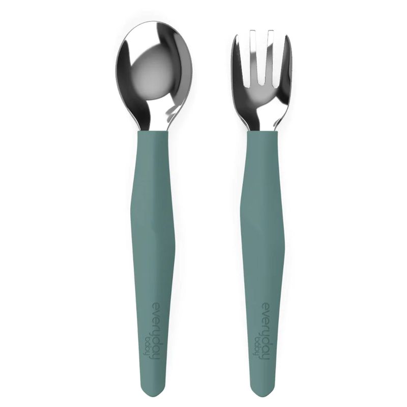EVERYDAY BABY - Pack De 2 Cubiertos De Acero Inoxidable Con Mangos De Silicona Verde Oscuro Everyday Baby