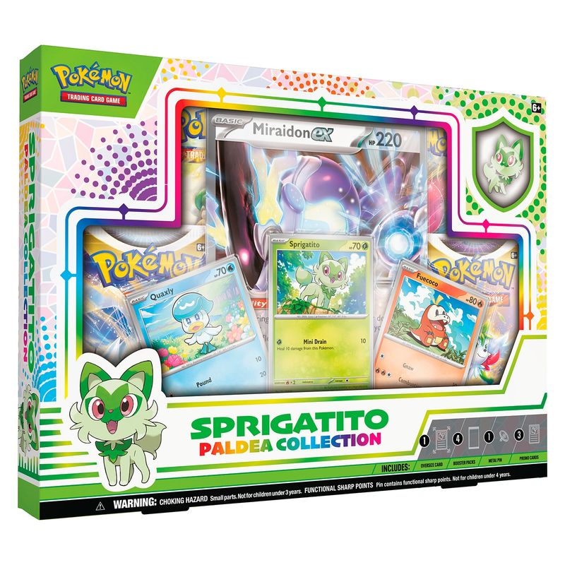 POKEMON - Cartas Pokémon Originales Español Sprigatito Paldea Pin Collection 3 Cartas Promocionales 1 Carta Gran Tamaño Koraidon o Miradidon 4 Sobres