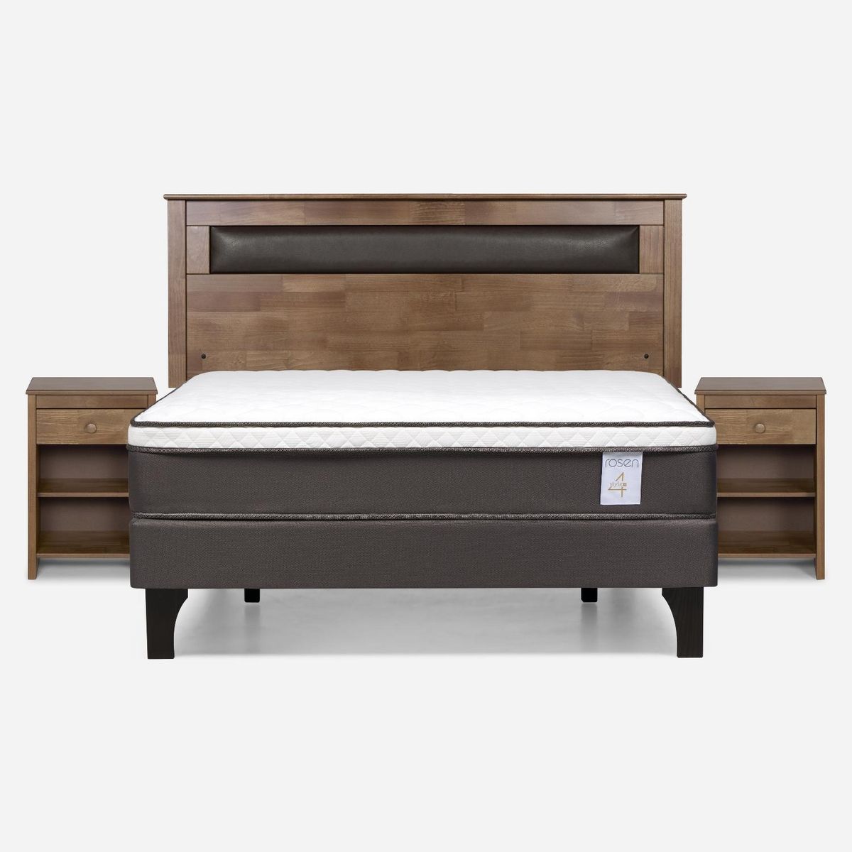 ROSEN - Cama Europea New Style 4 P 2 Plazas + Respaldo + 2 Veladores Rosen