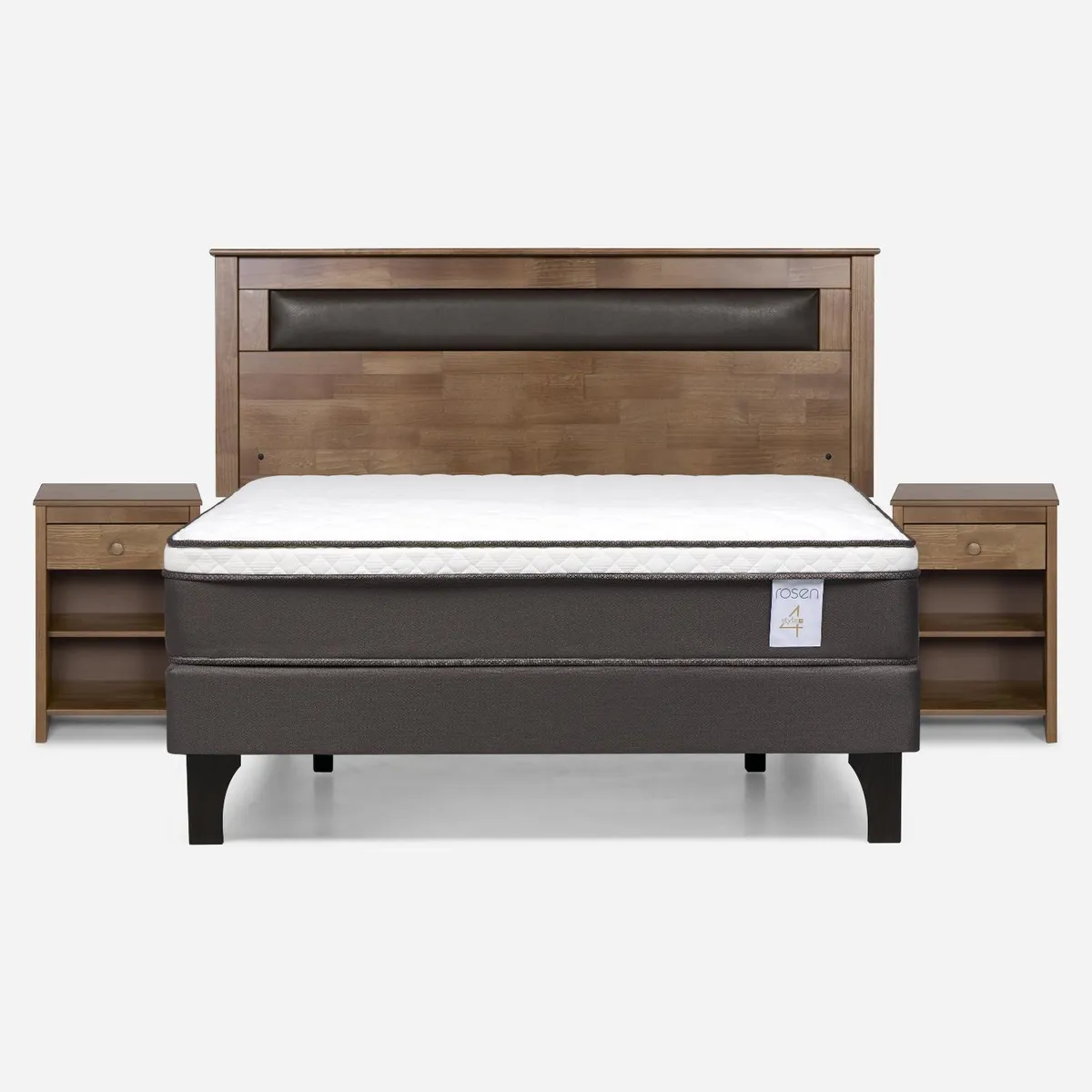 ROSEN - Cama Europea New Style 4 P 2 Plazas + Respaldo + 2 Veladores Rosen