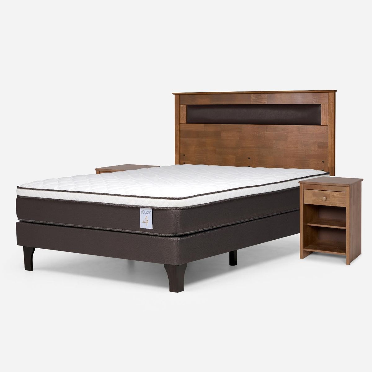 ROSEN - Cama Europea New Style 4 P 2 Plazas + Respaldo + 2 Veladores Rosen