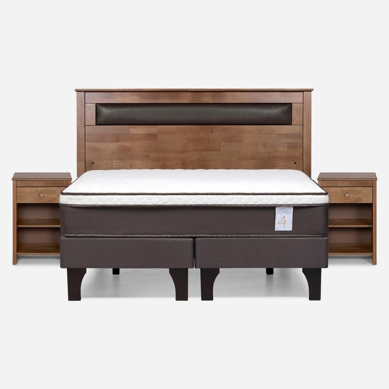Cama Europea New Style 4 Plus Plus 2 Plazas x 2.00 mt Base Dividida + Respaldo + 2 Veladores