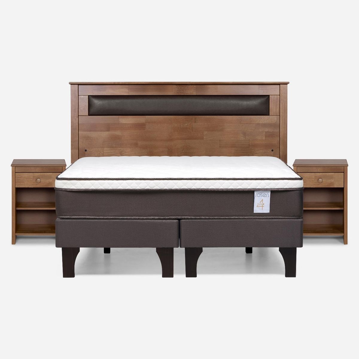 ROSEN - Cama Europea New Style 4 Plus 2 Plazas x 2.00 mt Base Dividida + Respaldo + 2 Veladores Rosen