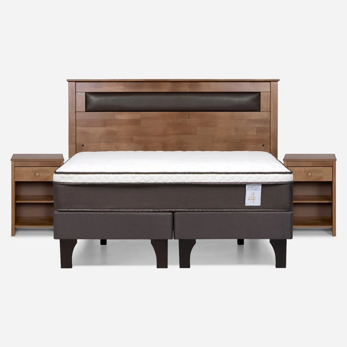 ROSEN - Cama Europea New Style 4 Plus 2 Plazas x 2.00 mt Base Dividida + Respaldo + 2 Veladores Rosen