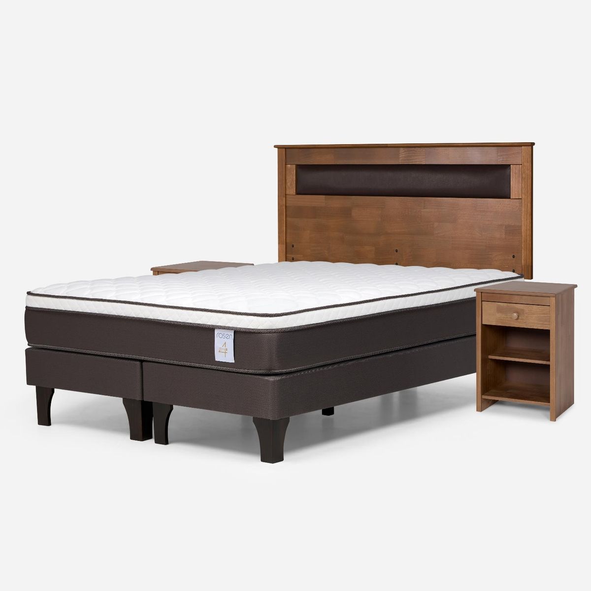 ROSEN - Cama Europea New Style 4 Plus 2 Plazas x 2.00 mt Base Dividida + Respaldo + 2 Veladores Rosen