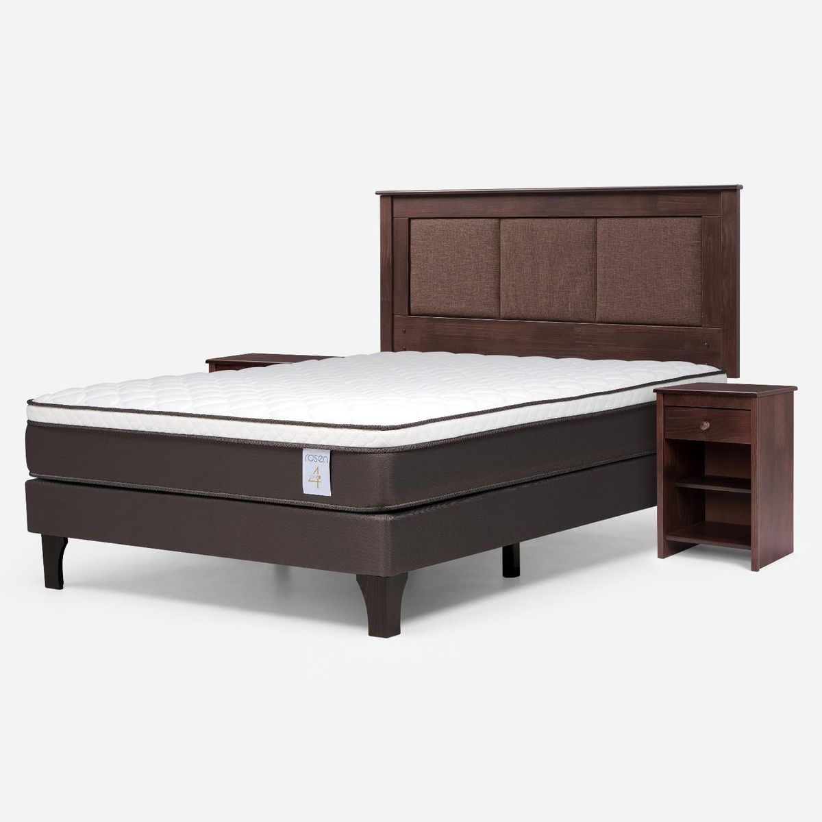 ROSEN - Cama Europea New Style 4 P 2 Plazas + Respaldo + 2 Veladores Rosen
