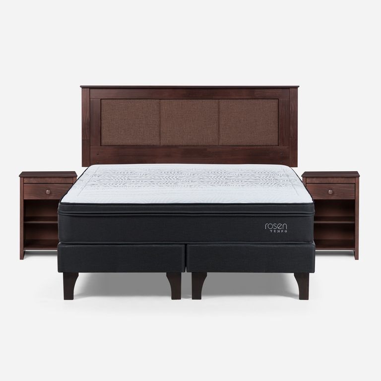 ROSEN Cama Europea Tempo 2 Plazas x 2.00mt Base Dividida + Respaldo + 2 Veladores