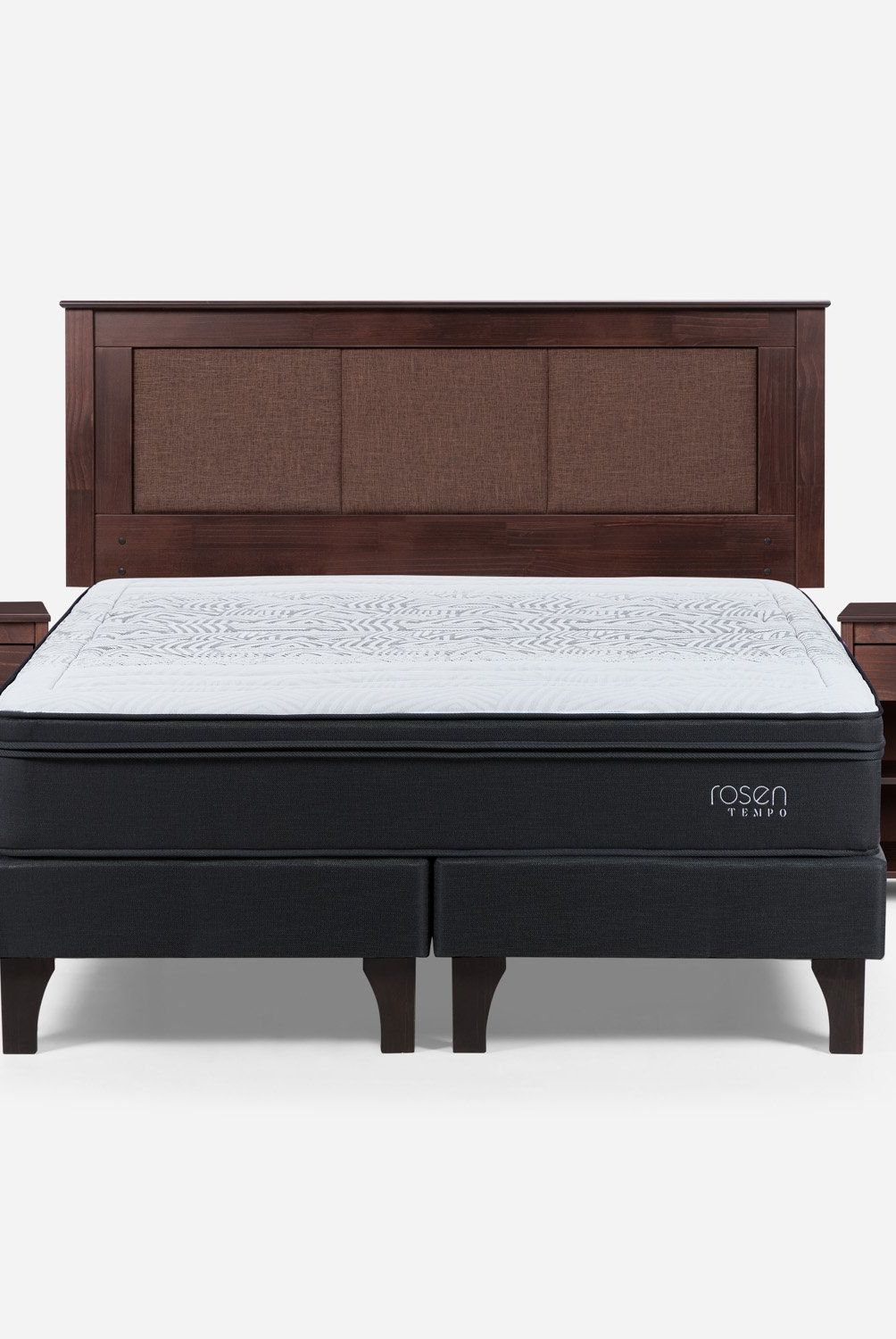 ROSEN - Cama Europea Tempo 2 Plazas + Respaldo + 2 Veladores Rosen