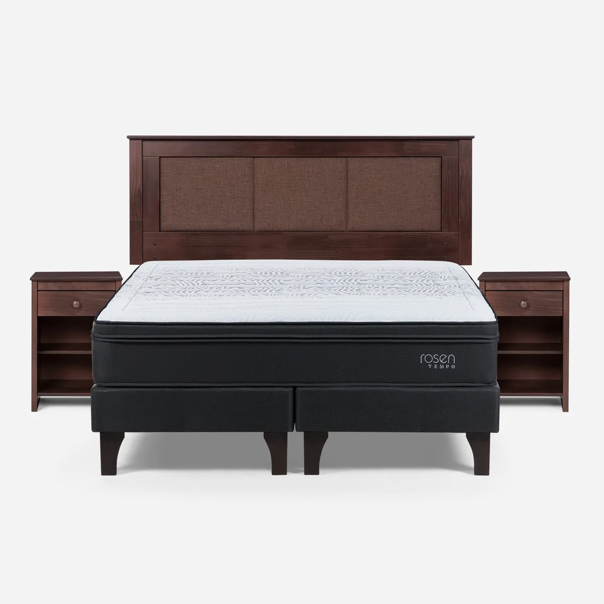ROSEN - Cama Europea Tempo 2 Plazas + Respaldo + 2 Veladores Rosen