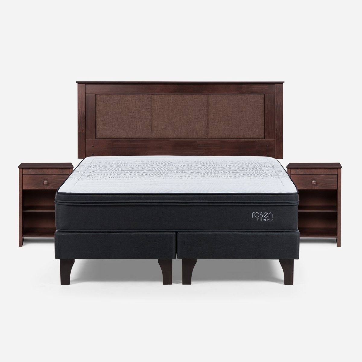 ROSEN - Cama Europea Tempo 2 Plazas + Respaldo + 2 Veladores Rosen