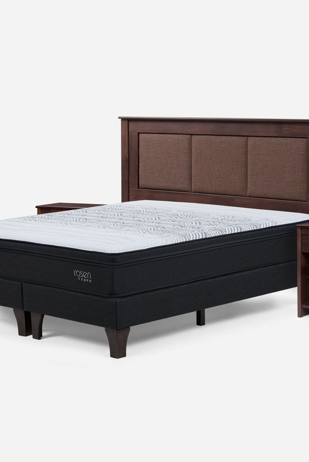 ROSEN - Cama Europea Tempo 2 Plazas + Respaldo + 2 Veladores Rosen