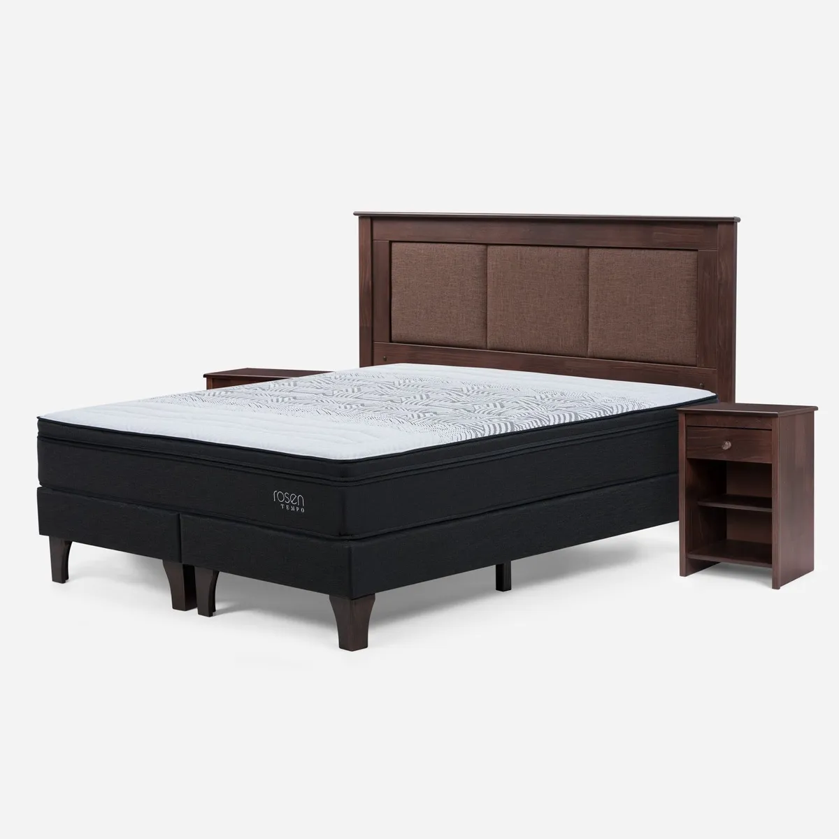 ROSEN - Cama Europea Tempo 2 Plazas + Respaldo + 2 Veladores Rosen
