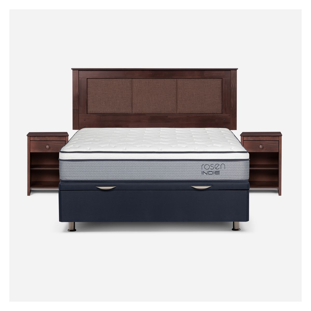 ROSEN - Cama baúl Indie 2 Plazas x 2.00mt + Respaldo + 2 Veladores Rosen