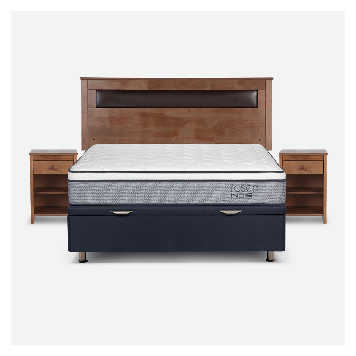 ROSEN - Cama Funcional Indie 2 Plazas Rosen + 2 Veladores + Respaldo