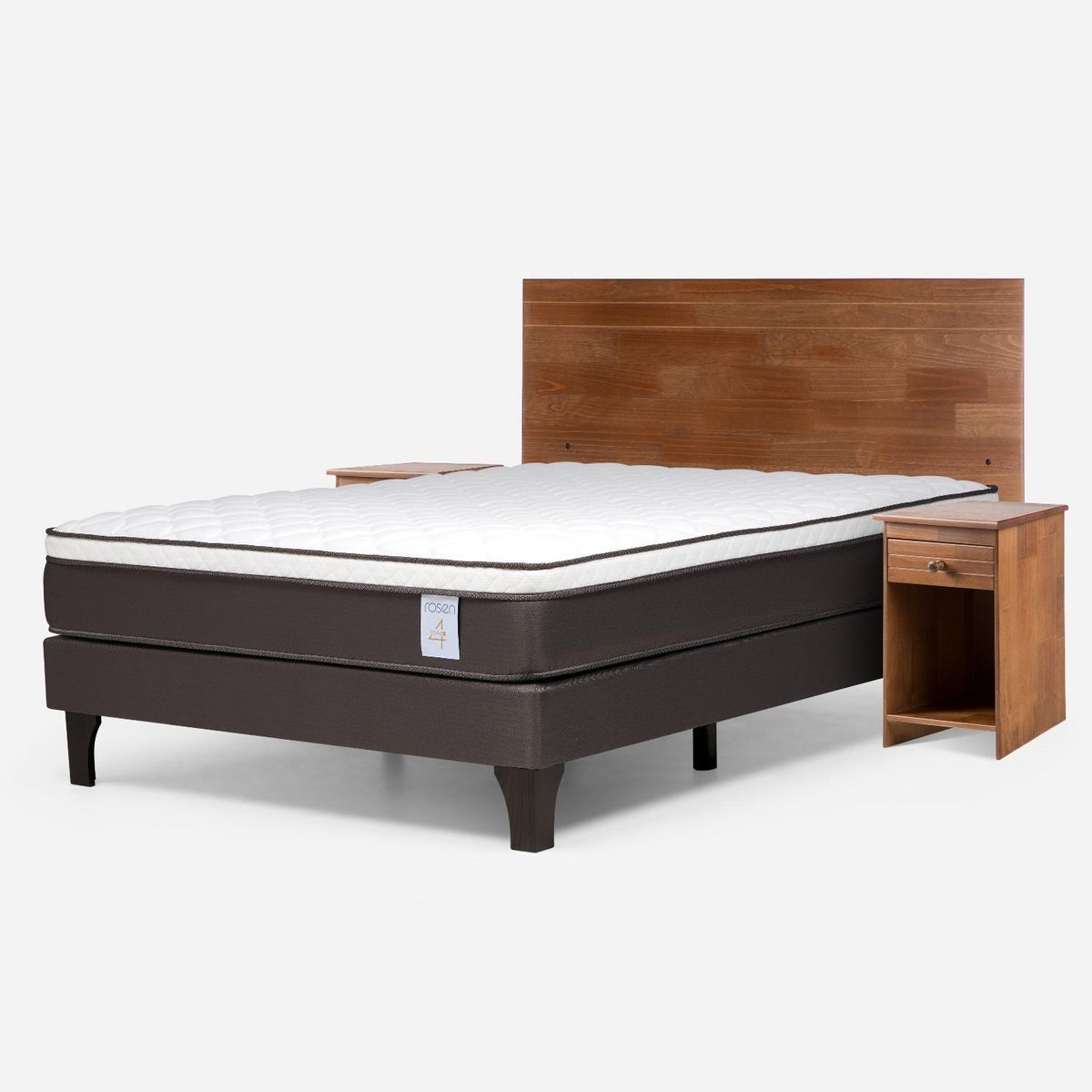 ROSEN - Cama Europea New Style 4 Plus 2 Plazas x 2.00 mt Base Normal + Respaldo + 2 Veladores Rosen