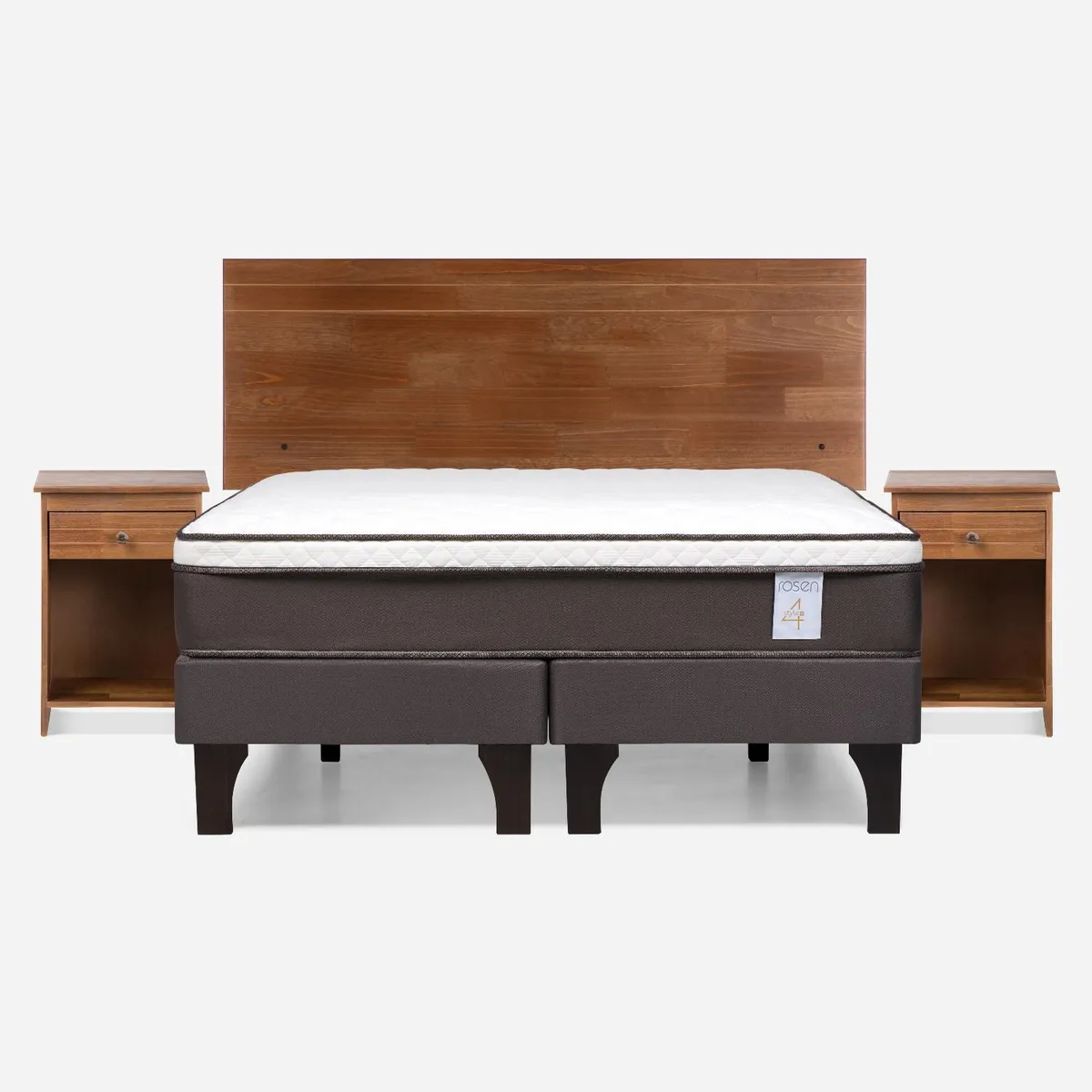ROSEN - Cama Europea New Style 4 Plus 2 Plazas x 2.00 mt Base Dividida + Respaldo + 2 Veladores Rosen