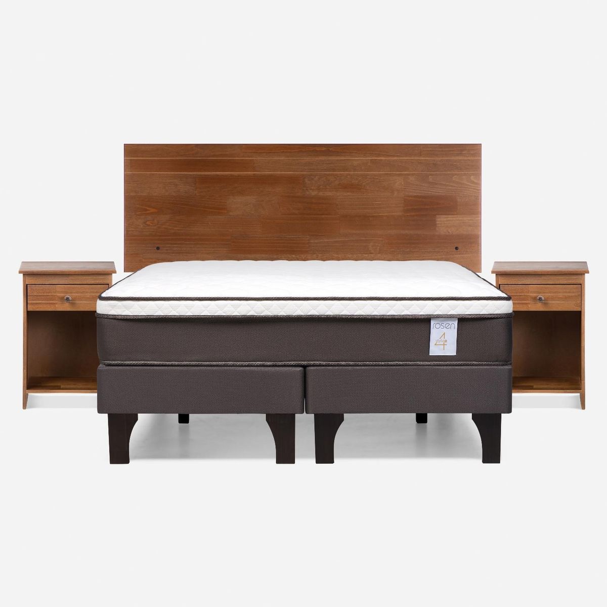 ROSEN - Cama Europea New Style 4 Plus 2 Plazas x 2.00 mt Base Dividida + Respaldo + 2 Veladores Rosen