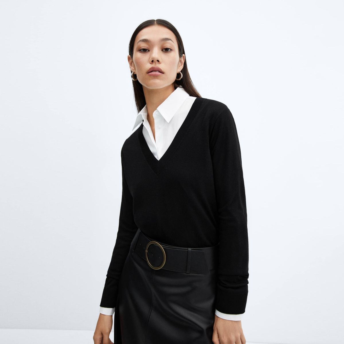 MANGO - Sweater Punto Fino Cuello Pico Mujer Mango