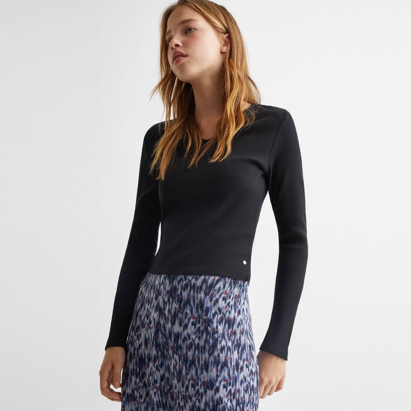 MANGO TEEN - Polera Manga Larga Canalé Mujer Mango Teen