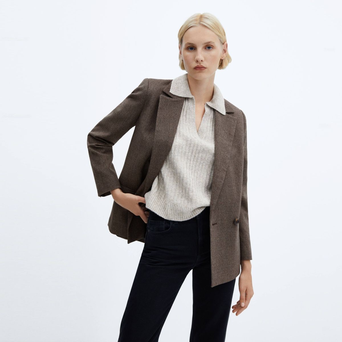 MANGO - Blazer Cruzada Botón Mujer Mango