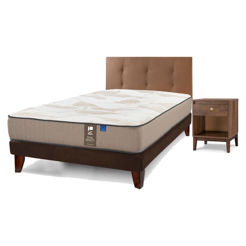 FLEX - Cama Europea 1.5 Plaza Dual Sensity Flex 105X200 Cm + Respaldo Royal + Velador Atenas Flex