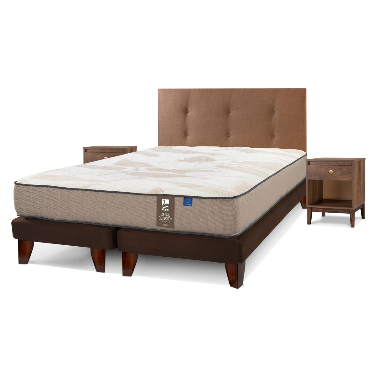 FLEX - Cama Europea 2 Plazas Dual Sensity Flex 150X200 Cm + Respaldo Royal + Velador Atenas Flex
