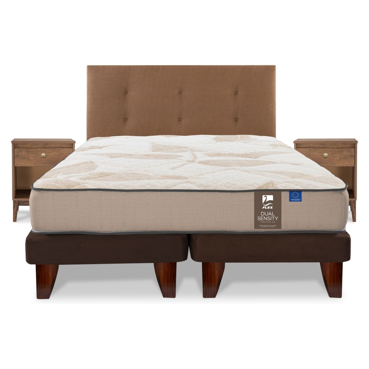 FLEX - Cama Europea 2 Plazas Dual Sensity Flex 150X200 Cm + Respaldo Royal + Velador Atenas Flex