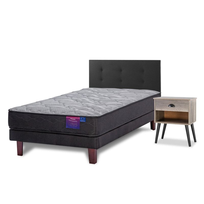 FLEX - Cama Europea 1.5 Plaza Therapedic Plus Flex 105X200 Cm + Respaldo Royal + Velador Rock Flex