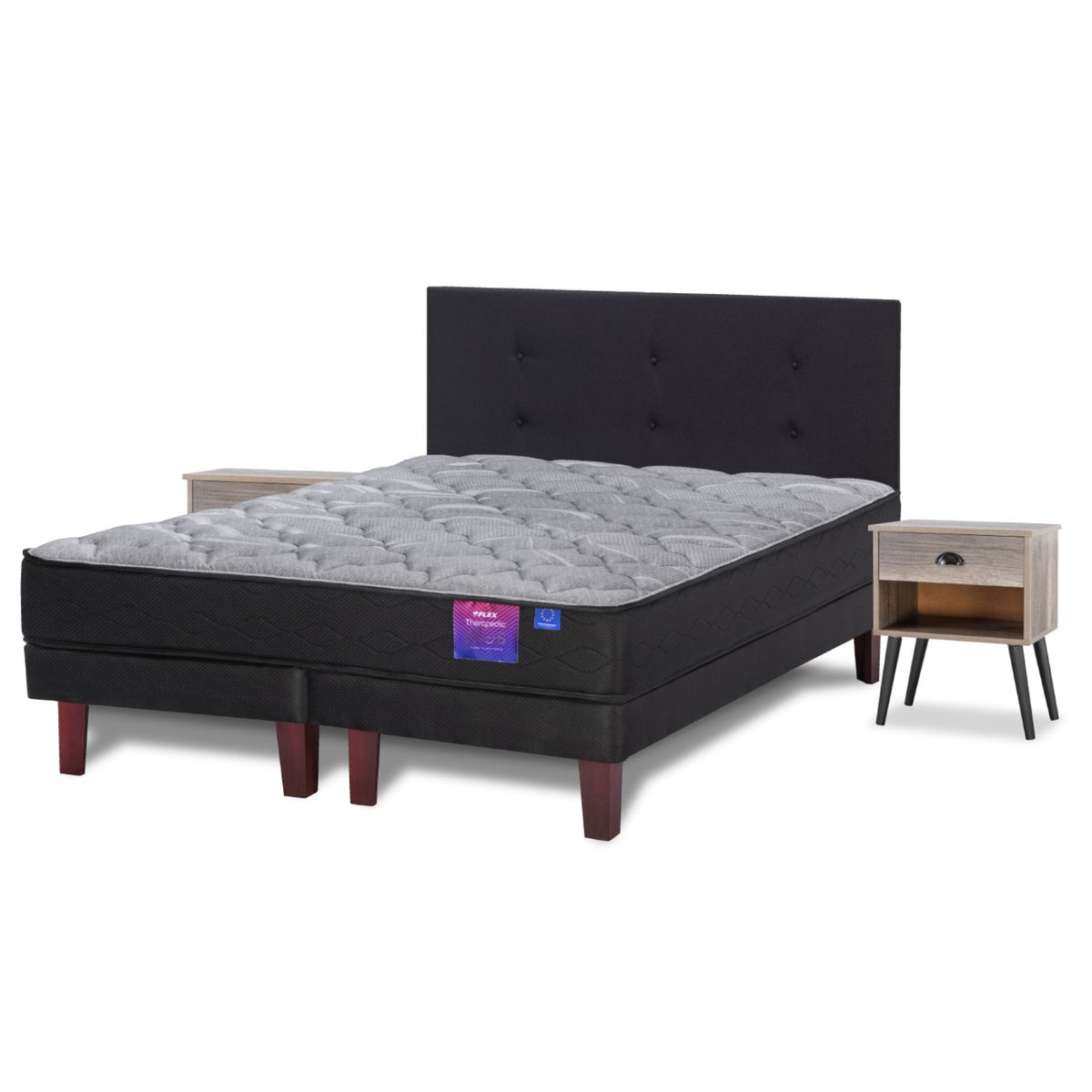 FLEX - Cama Europea 2 Plazas Therapedic Plus Flex 150X200 Cm + Respaldo Royal + Velador Rock Flex
